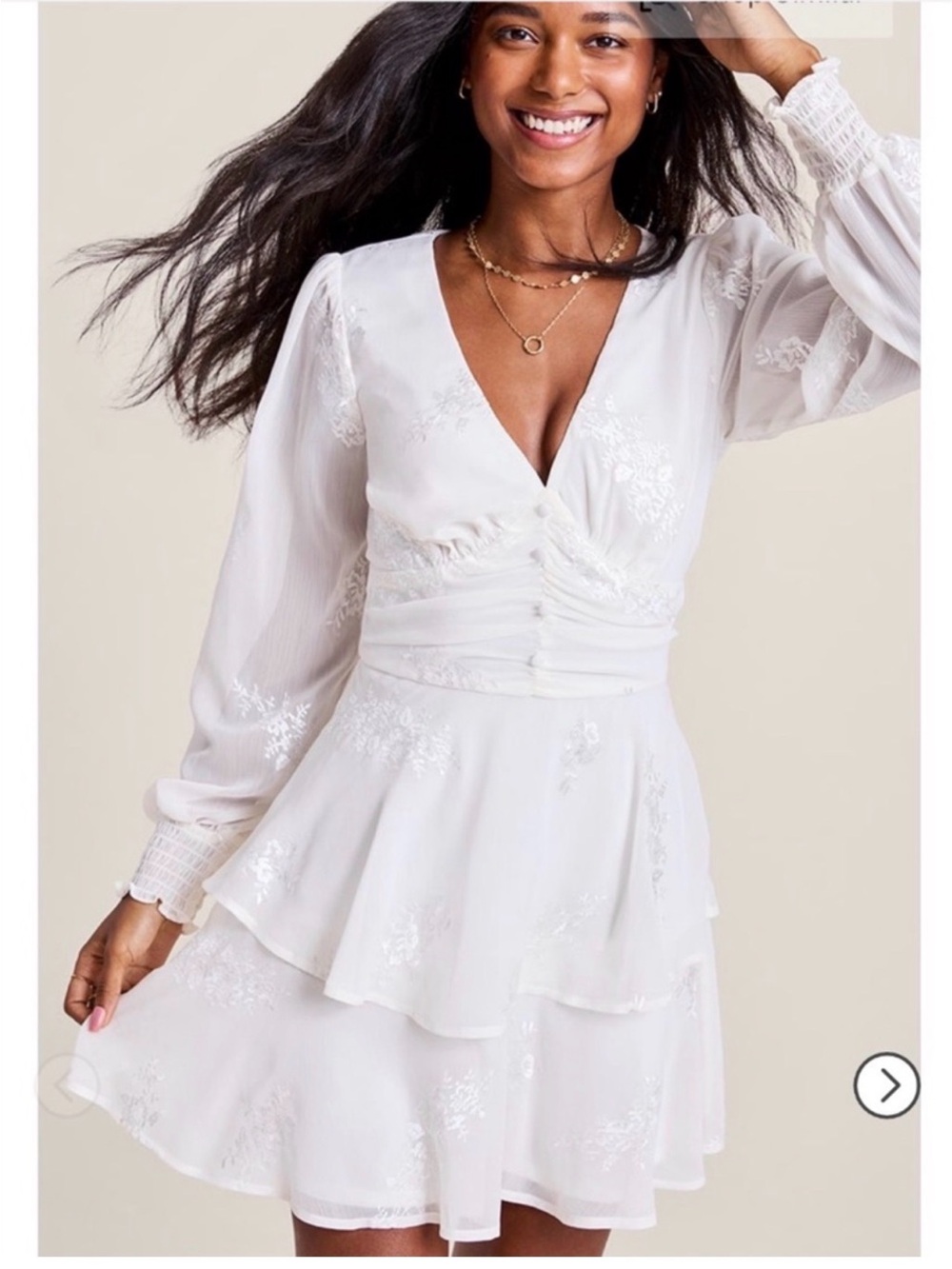 White Long-Sleeve V-Neck Tiered Mini Dress